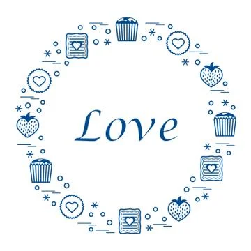 Cute vector illustration with different romantic sweets arranged in a circle. Illustrazione stock