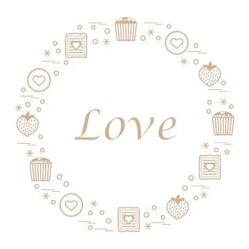 Cute vector illustration with different romantic sweets arranged in a circle. Illustrazione stock