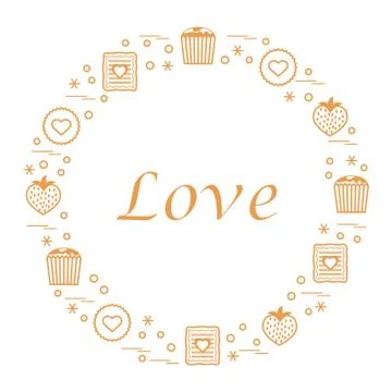 Cute vector illustration with different romantic sweets arranged in a circle. Illustrazione stock