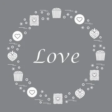 Cute vector illustration with different romantic sweets arranged in a circle. Illustrazione stock