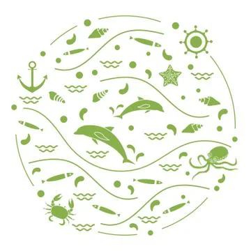 Cute vector illustration with dolphins, octopus, fish, anchor, helm, waves, s Stock Illustration
