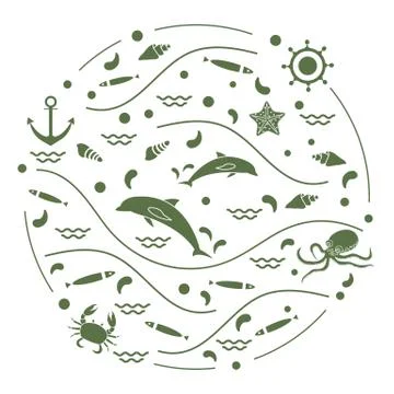 Cute vector illustration with dolphins, octopus, fish, anchor, helm, waves, s Stock Illustration