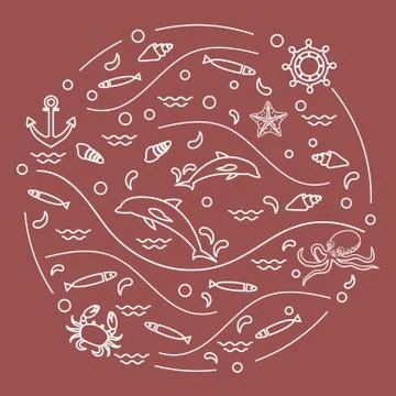 Cute vector illustration with dolphins, octopus, fish, anchor, helm, waves, s Stock Illustration