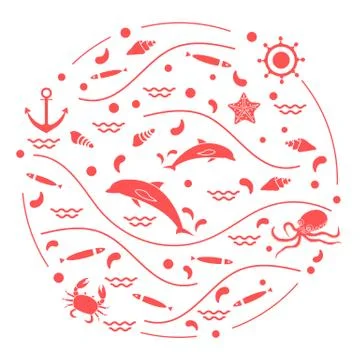 Cute vector illustration with dolphins, octopus, fish, anchor, helm, waves, s Stock Illustration