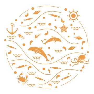 Cute vector illustration with dolphins, octopus, fish, anchor, helm, waves, s Stock Illustration