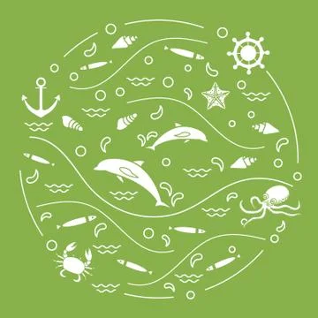 Cute vector illustration with dolphins, octopus, fish, anchor, helm, waves, s Stock Illustration