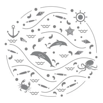 Cute vector illustration with dolphins, octopus, fish, anchor, helm, waves, s Stock Illustration