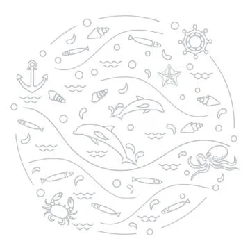 Cute vector illustration with dolphins, octopus, fish, anchor, helm, waves, s Stock Illustration