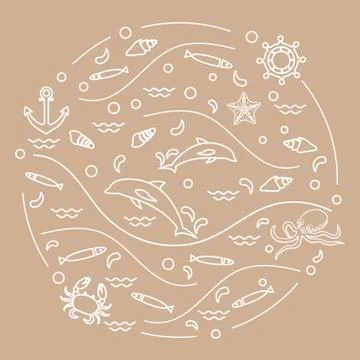 Cute vector illustration with dolphins, octopus, fish, anchor, helm, waves, s Stock Illustration