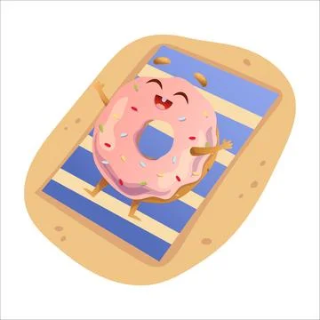 Cute vector illustration of a donut on the beach. Donut, summer, vacation, .. Stock Illustration