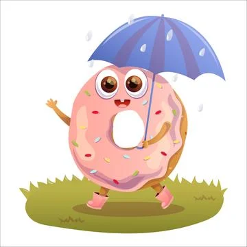 Cute vector illustration of a donut in the rain. Donut, summer, vacation, s.. Stock Illustration