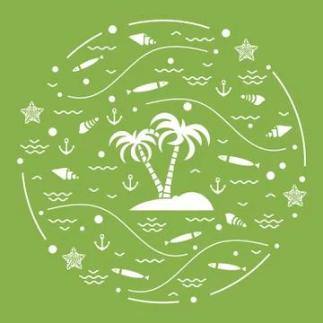 Cute vector illustration with fish, island with palm trees, anchor, waves, se Stock Illustration
