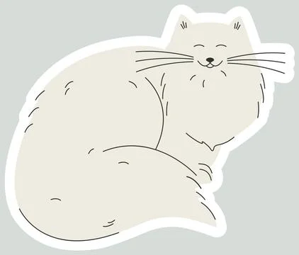 Cute vector illustration of fluffy cat sticker. Persian white fur kitty cha.. Stock Illustration
