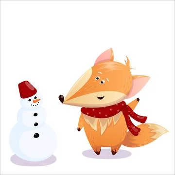 Cute vector illustration of a fox building a snowman. Christmas, New Year Stock Illustration