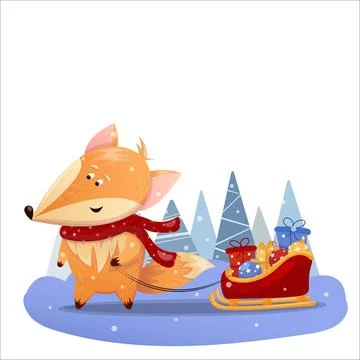 A cute vector illustration of a fox carrying New Year's gifts on a sleigh Illustrazione stock