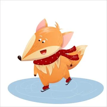 Cute vector illustration of a fox skating on ice. Christmas, New Year, fox Stock Illustration