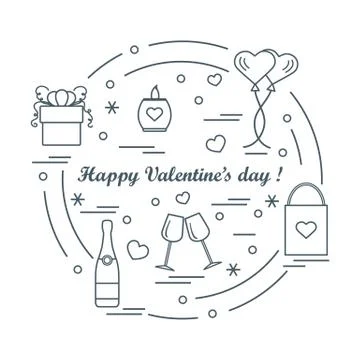 Cute vector illustration: gifts, balloons, stemware, candle, bag, bottle with Stock-Illustration
