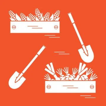 Cute vector illustration of harvest: two shovels, two boxes of corn, carrots, Stock Illustration