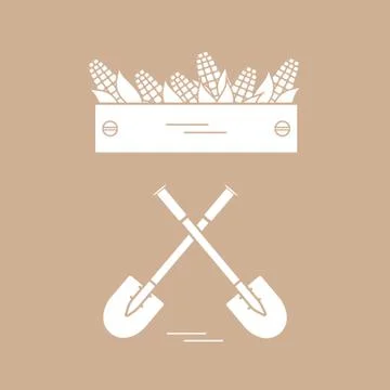 Cute vector illustration of harvest: two shovels and box of corn. Stock Illustration