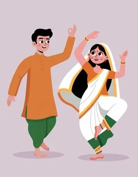 Cute vector illustration of an indian couple dancing in traditional attire Stock Illustration