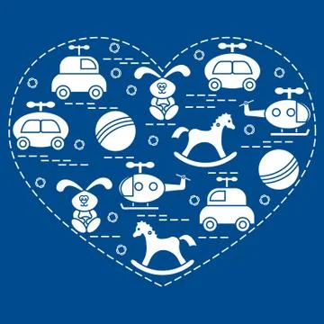 Cute vector illustration kids elements arranged in a heart shape: cars, rabbi Illustrazione stock