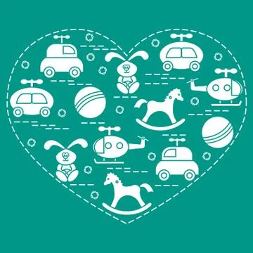 Cute vector illustration kids elements arranged in a heart shape: cars, rabbi 스톡 일러스트