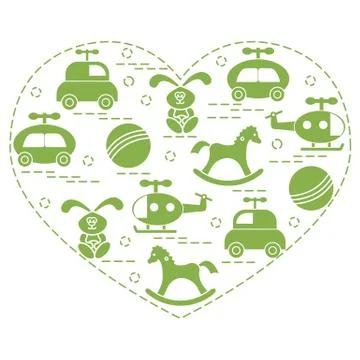 Cute vector illustration kids elements arranged in a heart shape: cars, rabbi Illustrazione stock