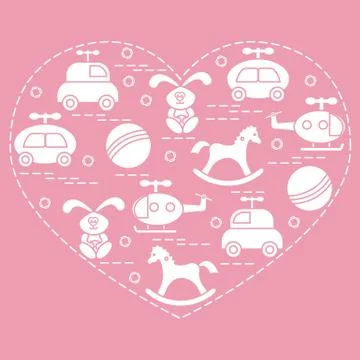Cute vector illustration kids elements arranged in a heart shape: cars, rabbi イラスト素材