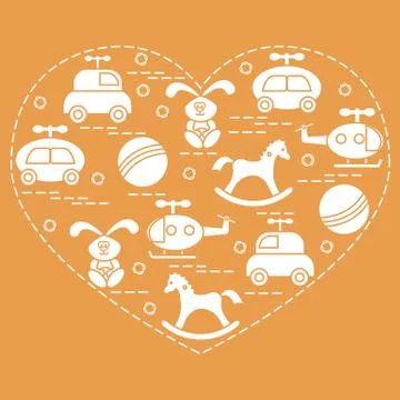 Cute vector illustration kids elements arranged in a heart shape: cars, rabbi Stock Illustration