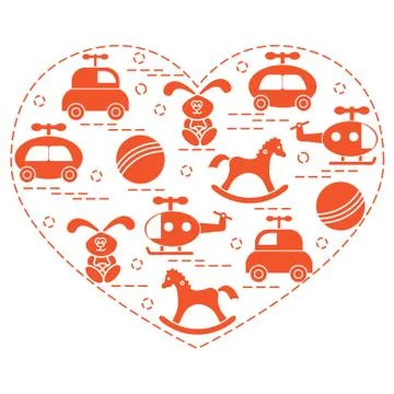 Cute vector illustration kids elements arranged in a heart shape: cars, rabbi 库存插图