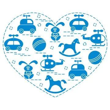 Cute vector illustration kids elements arranged in a heart shape: cars, rabbi Stock Illustration