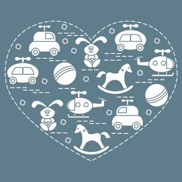 Cute vector illustration kids elements arranged in a heart shape: cars, rabbi イラスト素材