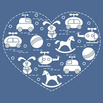 Cute vector illustration kids elements arranged in a heart shape: cars, rabbi Illustrazione stock