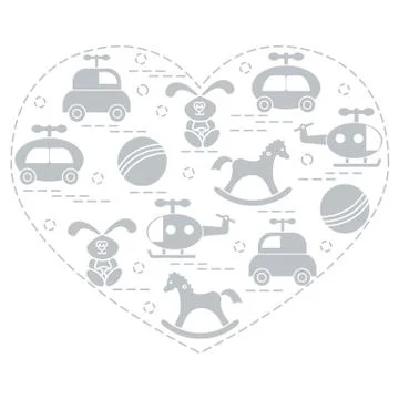 Cute vector illustration kids elements arranged in a heart shape: cars, rabbi 스톡 일러스트