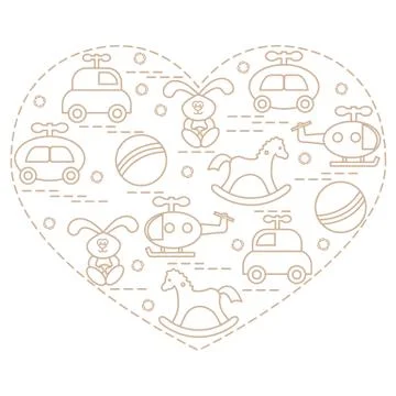 Cute vector illustration kids elements arranged in a heart shape: cars, rabbi Stock Illustration