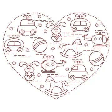 Cute vector illustration kids elements arranged in a heart shape: cars, rabbi Stock Illustration