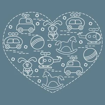Cute vector illustration kids elements arranged in a heart shape: cars, rabbi Stock Illustration