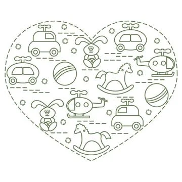 Cute vector illustration kids elements arranged in a heart shape: cars, rabbi Stock Illustration