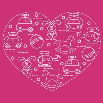 Cute vector illustration kids elements arranged in a heart shape: cars, rabbi Stock Illustration