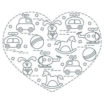 Cute vector illustration kids elements arranged in a heart shape: cars, rabbi 스톡 일러스트