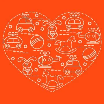 Cute vector illustration kids elements arranged in a heart shape: cars, rabbi イラスト素材