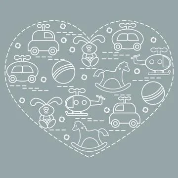 Cute vector illustration kids elements arranged in a heart shape: cars, rabbi Stock Illustration