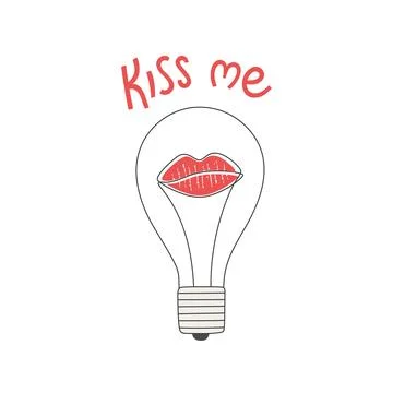 Cute vector illustration with line bulb, lips, text kiss me for Valentines Day Stock Illustration