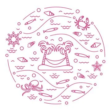 Cute vector illustration with octopus, fish, island with palm trees and a ham Stock-Illustration