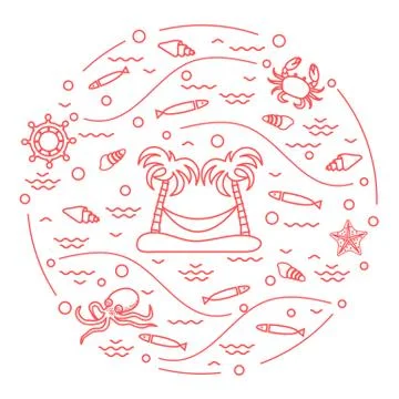 Cute vector illustration with octopus, fish, island with palm trees and a ham Stock-Illustration