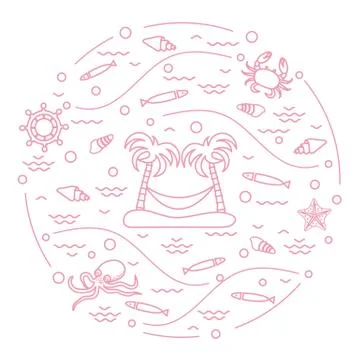 Cute vector illustration with octopus, fish, island with palm trees and a ham Stock-Illustration
