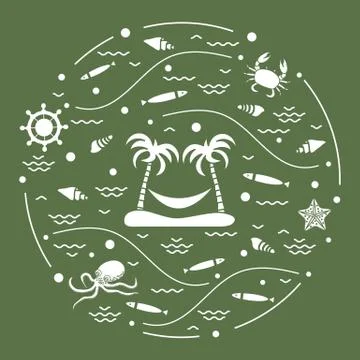 Cute vector illustration with octopus, fish, island with palm trees and a ham Stock-Illustration