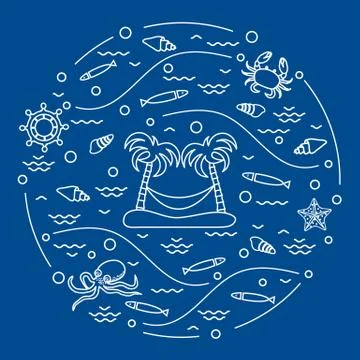 Cute vector illustration with octopus, fish, island with palm trees and a ham Stock-Illustration