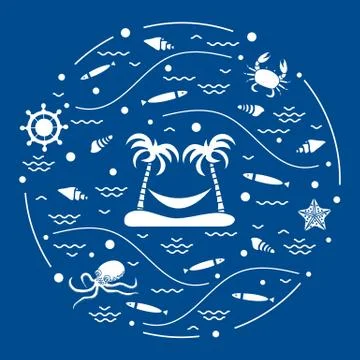 Cute vector illustration with octopus, fish, island with palm trees and a ham Stock-Illustration