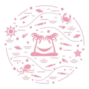 Cute vector illustration with octopus, fish, island with palm trees and a ham Stock-Illustration